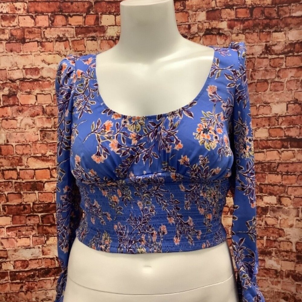 Free People Womens Blue Floral Cropped Scoop Neck
